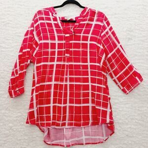 Blouse Size 14 16 Coral Plaid Soft Girl Casual Chic Normcore Top High Low Hem